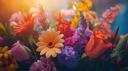 Bright Garden Bouquet With Roses And Sunflowers In Bloom