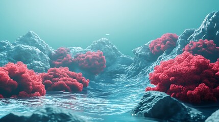 Bright Red Coral Blooming Beneath Crystal Clear Blue Water