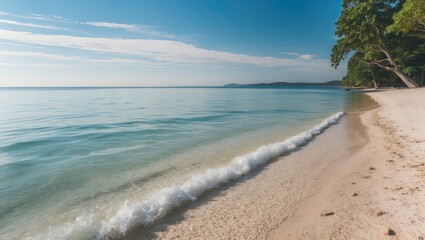 Obraz premium Serene Beach Scene with Gentle Waves and Clear Water for Tranquil Nature Background Space