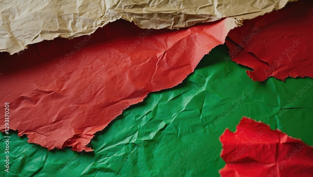 Poster textured kraft paper background in red and green colors with crumpled layers and ample copy space fo