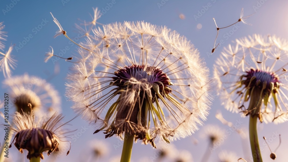 Aufkleber macro view of dandelion seed heads with a light background showcasing delicate fluff and floating se