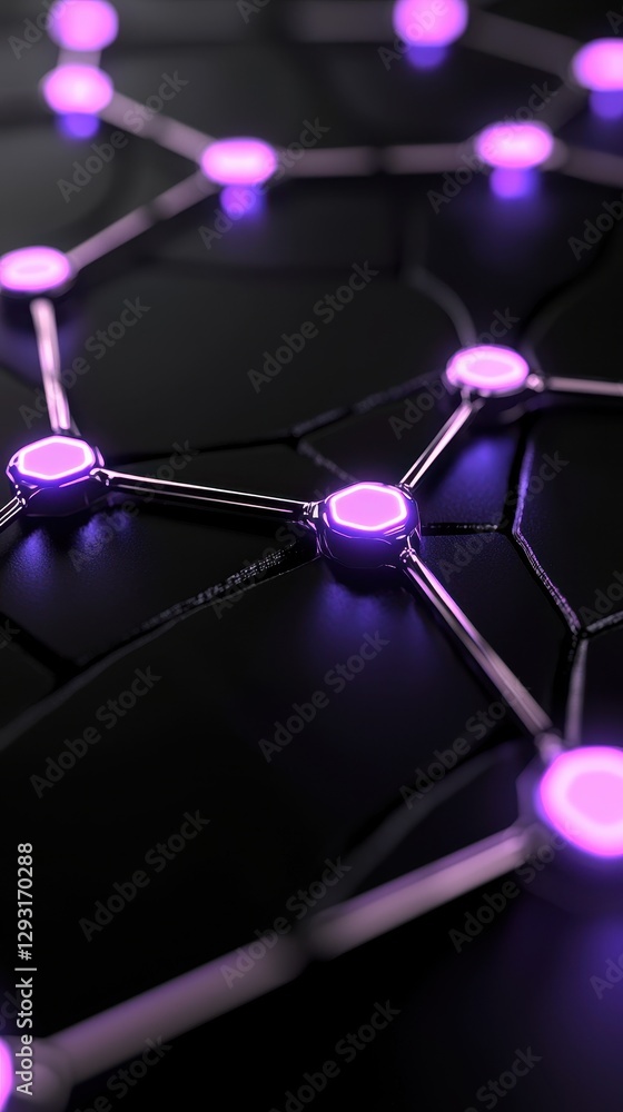 Poster abstract network structure with glowing nodes in vibrant purple tones on a dark background.