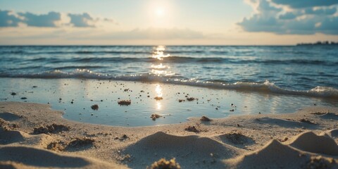 Tranquil Beach Scene at Sunset with Gentle Waves and Soft Lighting Ideal for Text Overlay or Serene Background Purposes