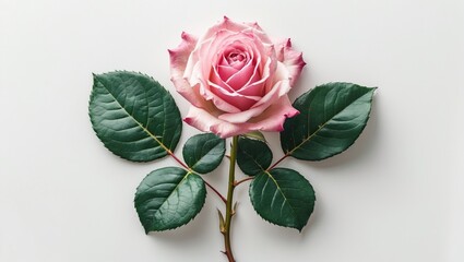 Fototapeta premium Pink rose with green leaves arranged on a white background showcasing natural beauty and elegance in floral design.