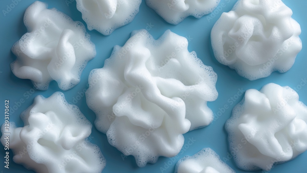 Aufkleber fluffy white foam shapes on a soft blue background creating an abstract texture pattern in a top vie
