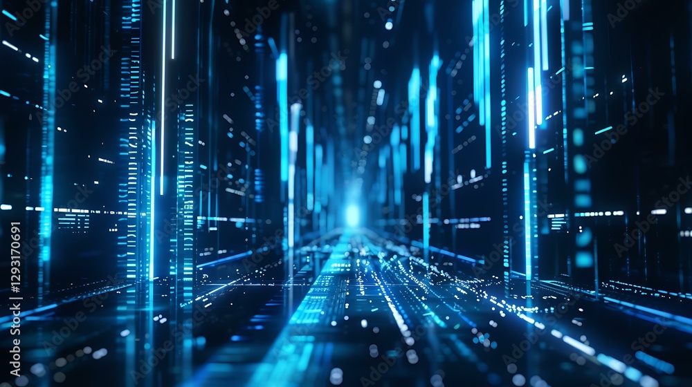 Poster futuristic financial data visualization with glowing blue line graphs and bar charts, abstract digit
