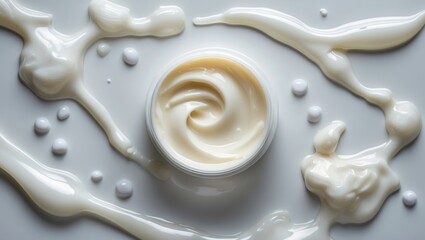 Top view of a creamy cosmetic gel in a round container surrounded by elegant drips and beads on a smooth white surface