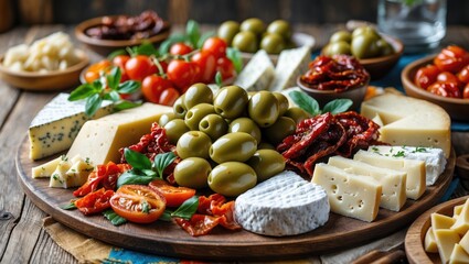 Spanish Tapas Platter Featuring Green Olives, Dried Tomatoes, Assorted Cheeses, and Cherry Tomatoes with Room for Text Overlay