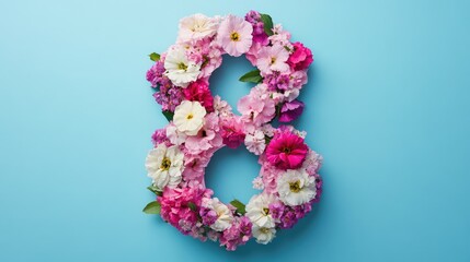 Beautiful Floral Arrangement of Number Eight for International Women's Day Celebration on a Light Blue Background