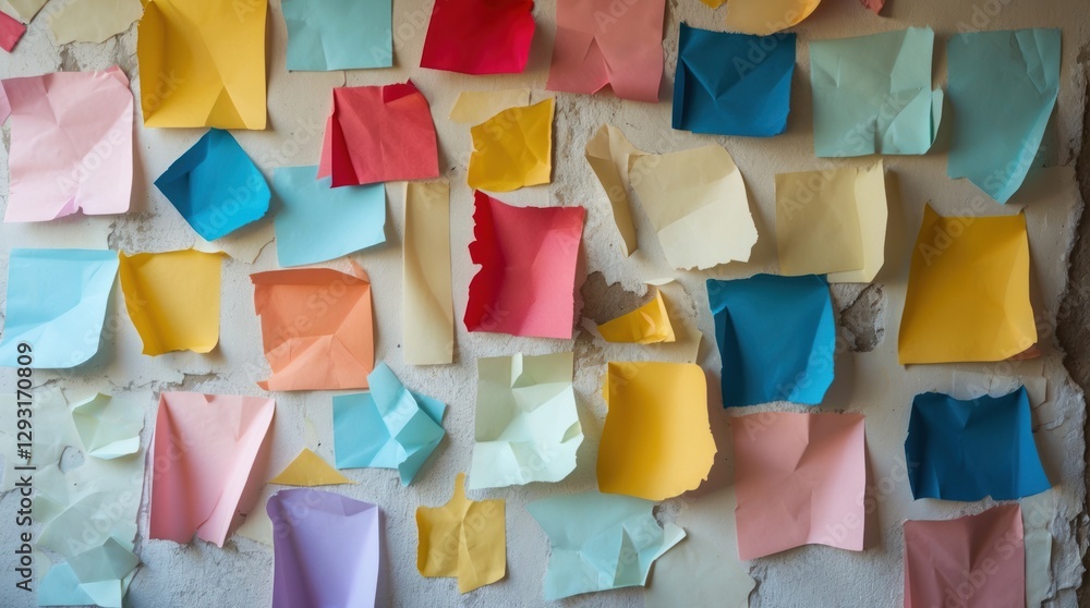 Poster colorful scraps of textured paper arranged on a wall creating a vibrant and artistic backdrop for cr