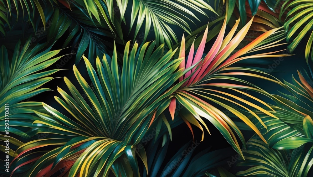 Poster vibrant tropical palm leaves close-up displaying intricate patterns and rich colors ideal for exotic