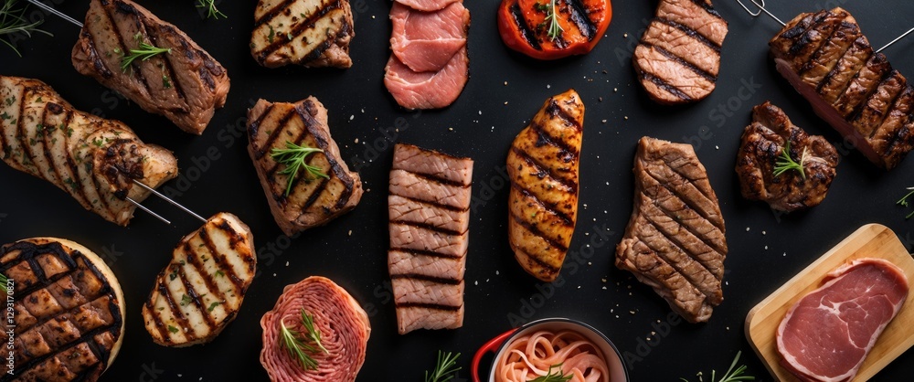 Poster grilled assortment of meat selections on portable barbecue with dark background and empty space for 