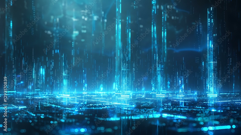 Poster futuristic financial data visualization with glowing blue line graphs and bar charts, abstract digit