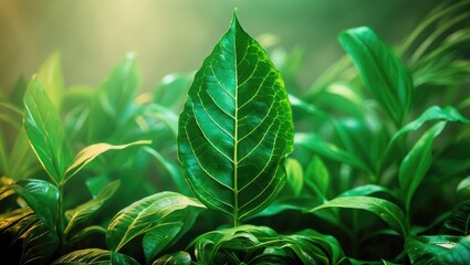Fototapeta premium Vibrant Green Leaf Surrounded by Foliage with Copy Space for Text and Natural Background Ideal for Eco-Friendly Themes
