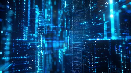 Obraz premium Futuristic financial data visualization with glowing blue line graphs and bar charts, abstract digital business background, high-tech stock market analytics, dynamic depth of field, sleek and