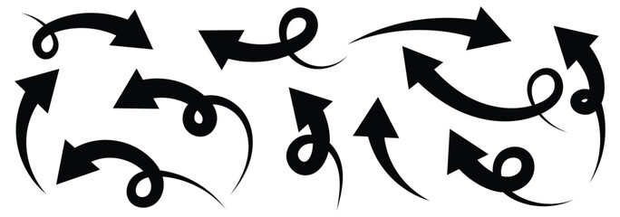 curved arrows isolated on white background. Curved arrows, hand drawn curved arrows. black curve arrow set .