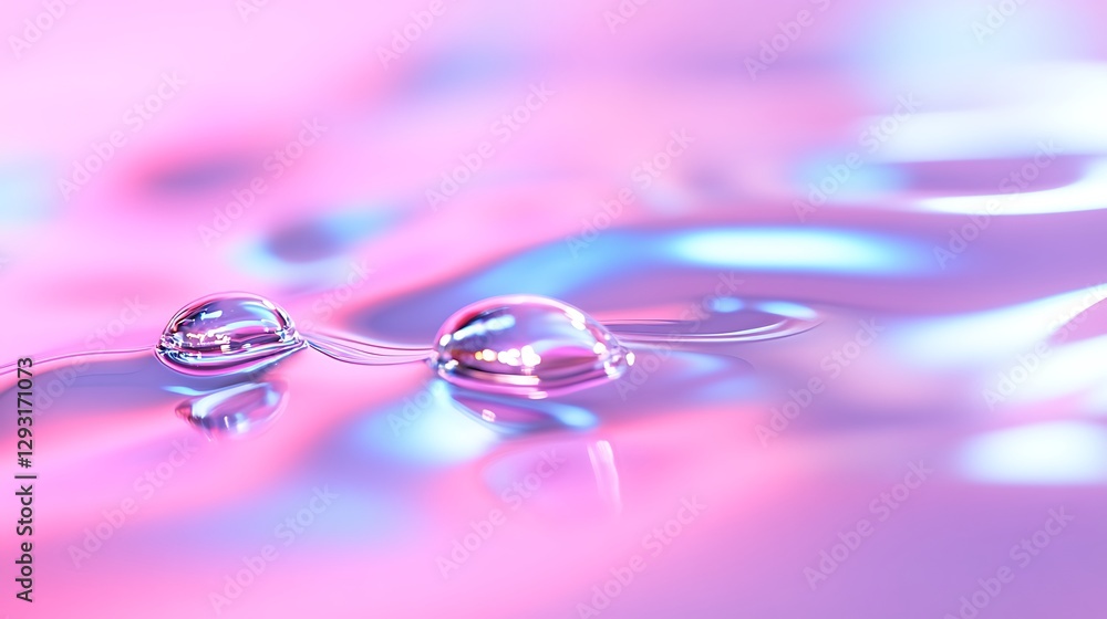 Poster close-up of water droplets on soft colorful background with gentle waves and reflections