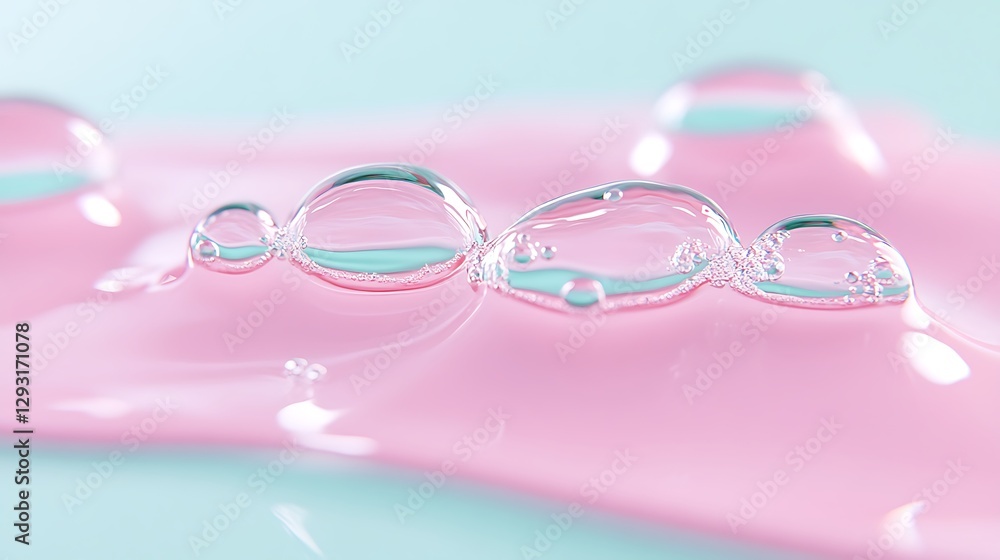 Poster close-up of transparent water droplets on soft pink surface with gentle reflection and abstract back