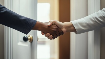 Executive departures in an office with a handshake at the door. Featuring closure and leadership transition