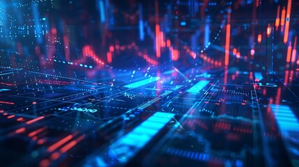 Obraz premium High-tech stock market dashboard with fluctuating line graphs and bar charts, glowing neon blue financial data, futuristic digital finance background, modern analytics display