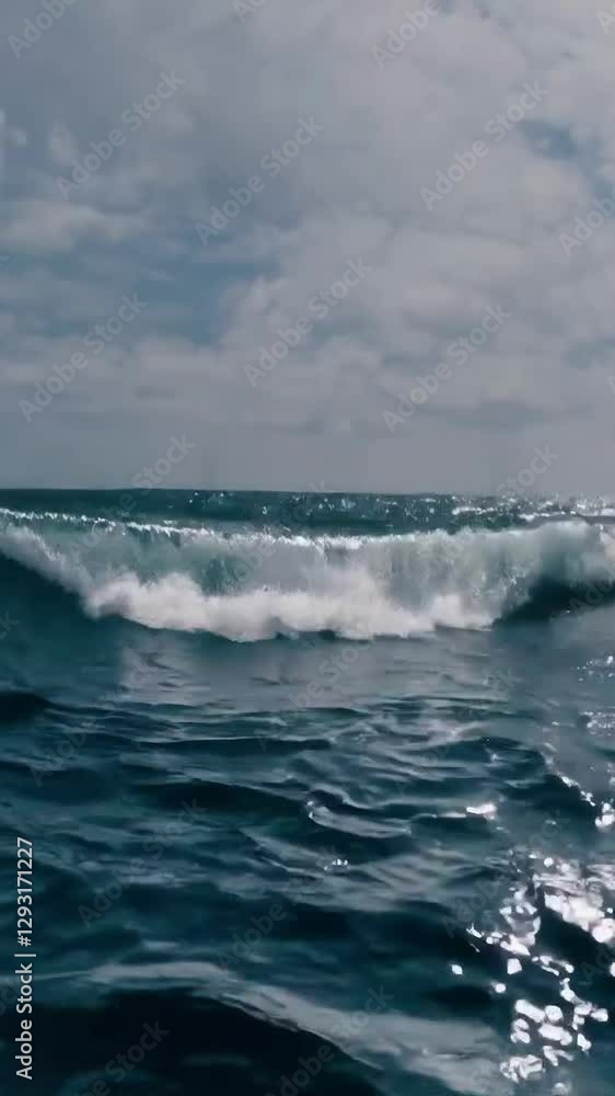 Poster dynamic ocean waves crashing under cloudy sky in continuous motion sequence