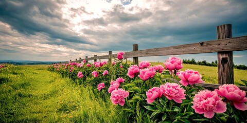 Fototapeta premium A serene landscape featuring vibrant pink peonies alongside a rustic wooden fence. The cloudy sky creates a peaceful atmosphere. Nature photography captures beauty and tranquility. AI