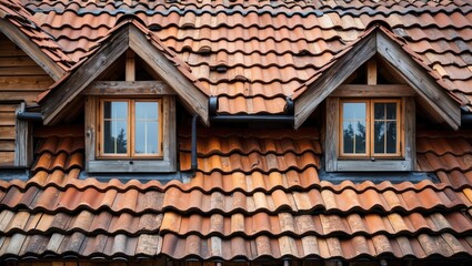 Rustic roof tiles on wooden house with unique architecture and wooden windows showcasing traditional craftsmanship and weathered textures.