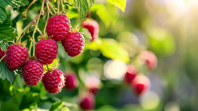 Raspberry. Big ripe raspberries cluster on a blurred green background. Red sweet berries growing on raspberry bush in fruit garden in nature. Many crimson fresh raspberries. Abundance. Summer Harvest.