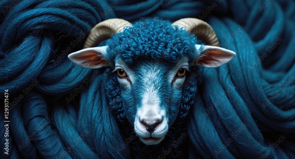 Poster dark blue wool background featuring a sheep with textured coarse-fiber wool emphasizing its unique d