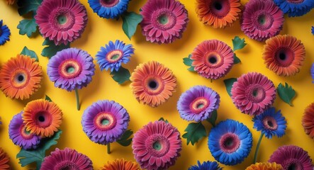 Vibrant seamless pattern of colorful gerbera flowers on a bright yellow background showcasing cheerful and lively floral design elements.