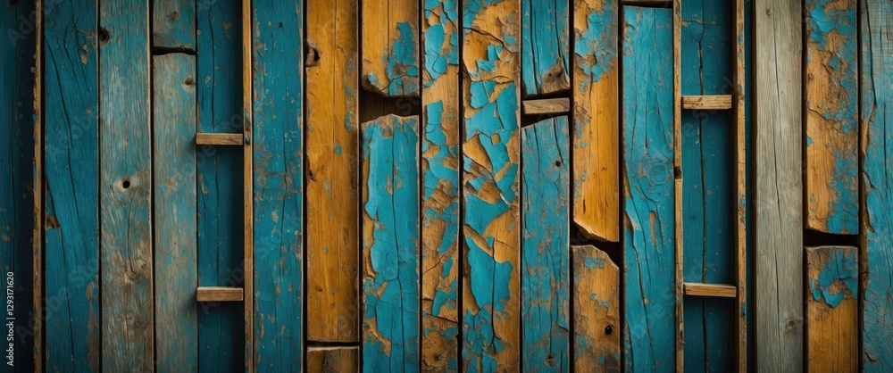 Poster weathered blue and orange wooden planks with cracks and gaps creating a rustic textured background f