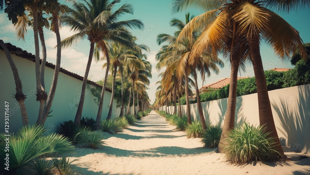 Poster exotic palm tree alley on sandy pathway with clear skies and open space for text or branding in a tr