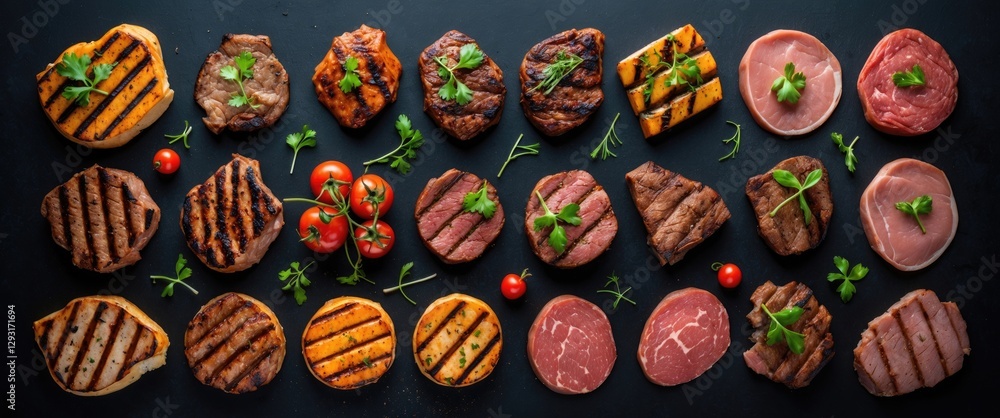 Aufkleber assorted grilled meats displayed on a dark background with fresh herbs and cherry tomatoes featuring