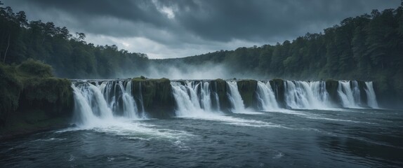 Obraz premium Majestic Waterfalls Under Dramatic Cloudy Skies With Serene Landscape And Ample Space For Text Insertions