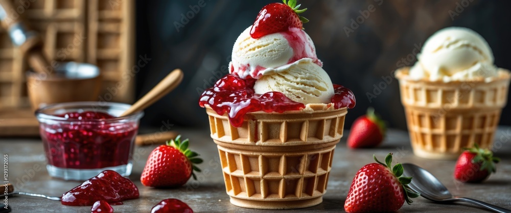 Poster vanilla ice cream topped with strawberry jam in waffle cups surrounded by fresh strawberries on a ru