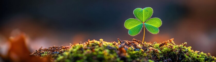 Fototapeta premium St.Patrick’s Day Celebration Concept, A close-up of a single green clover leaf sprouting from mossy ground with a blurred background.