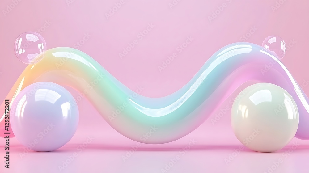 Poster colorful abstract fluid shape with glossy texture on soft pink background for modern design projects