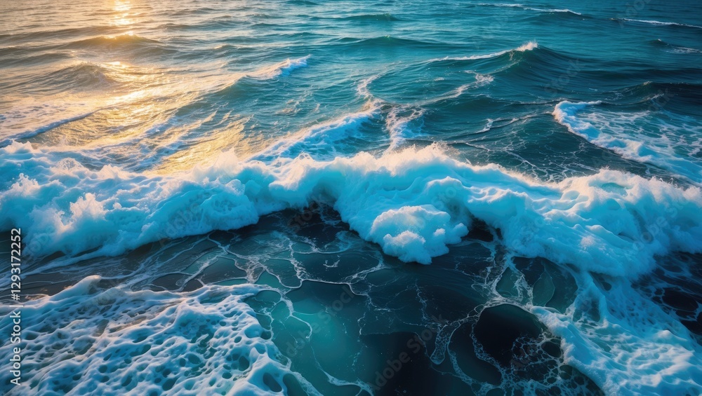 Aufkleber aerial view of ocean waves creating foam in a vibrant abstract pattern during sunset capturing the b