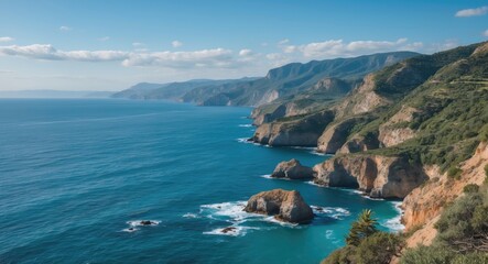 Stunning coastal view with rugged cliffs and turquoise waters perfect for travel or nature-themed projects with space for text.
