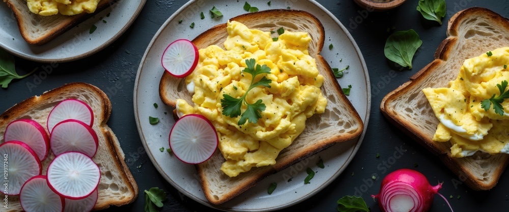 Poster scrambled eggs served on toast with fresh radish slices a delicious breakfast spread over dark backg