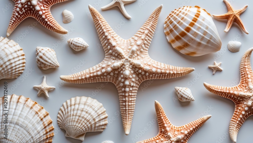 Poster seashells and starfish collection on white background with space for your text or design elements