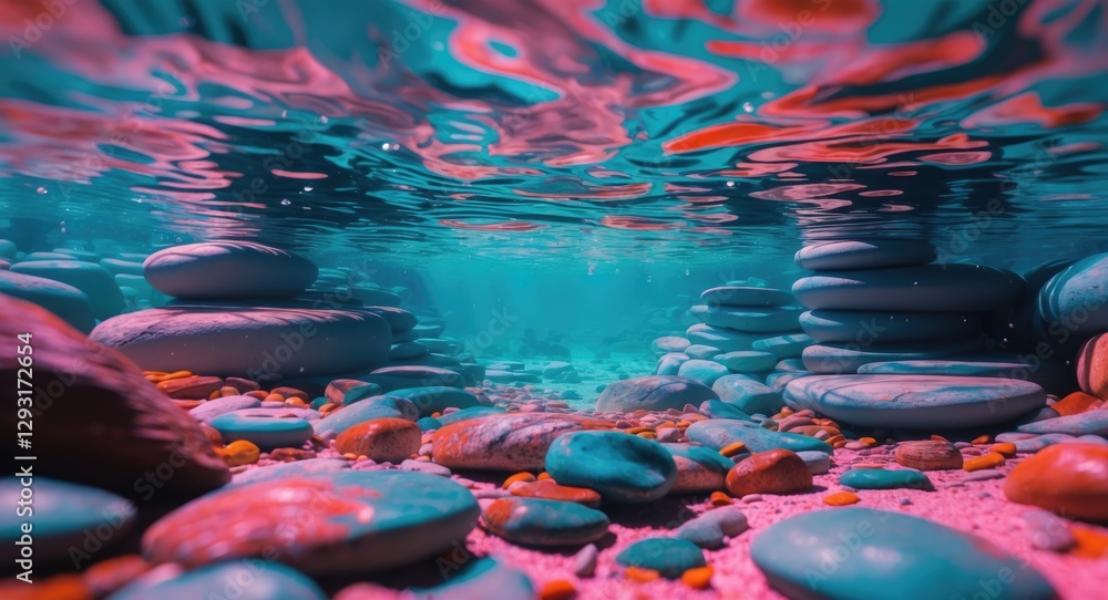 Poster underwater scene of colorful stones with reflections and soft light creating a serene mobile wallpap