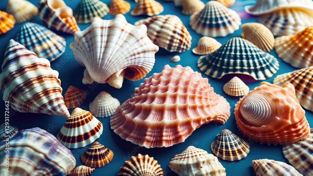 Poster diverse collection of colorful sea shells displayed on surface in various shapes and sizes