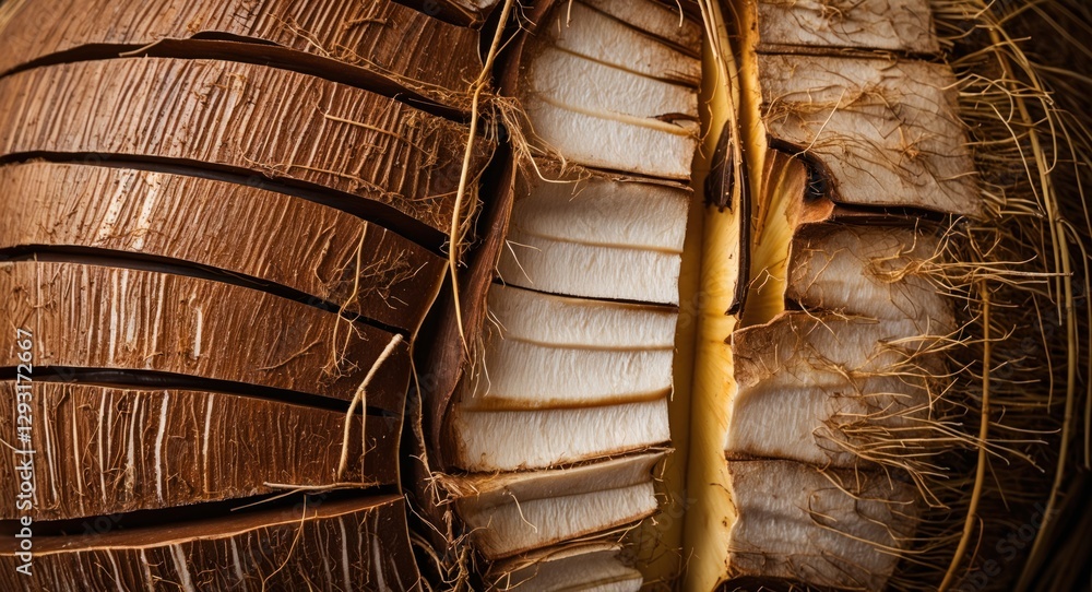 Poster coconut shell and flesh texture showcasing natural patterns and earthy tones in a close-up view idea