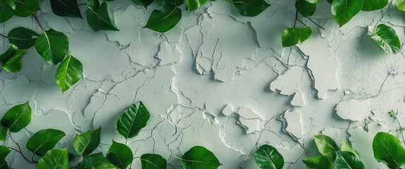 Green leaves contrasted against a textured white plaster wall creating a fresh, natural aesthetic for design and decoration purposes.