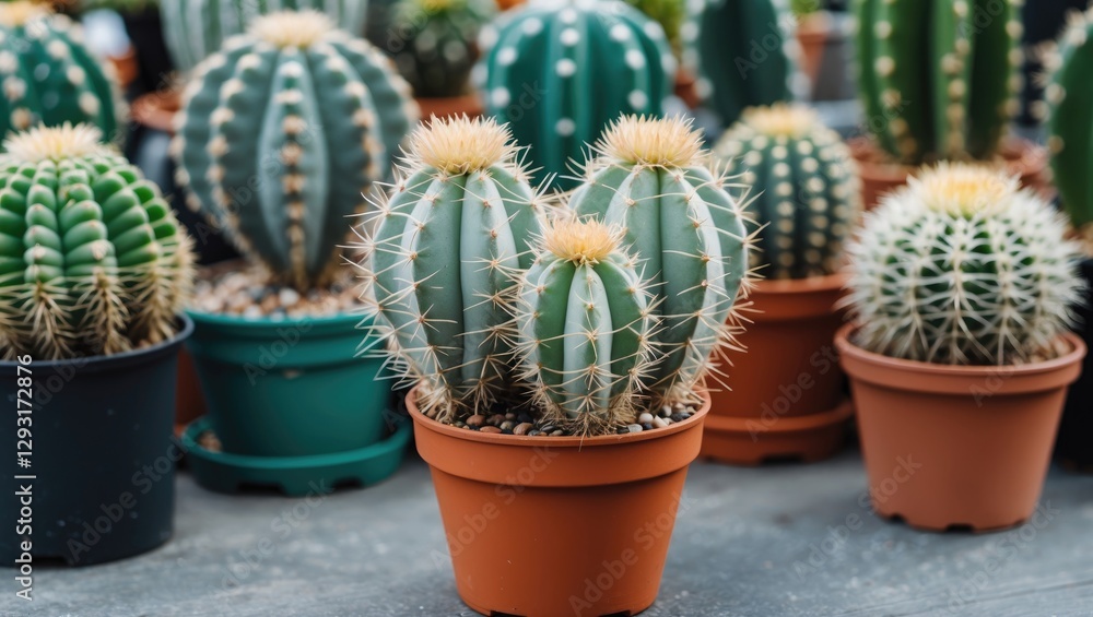 Poster colorful assorted cacti in pots showcasing unique shapes and textures in a vibrant garden setting. p