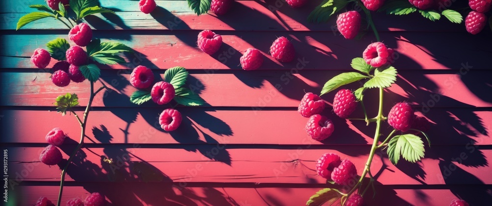 Poster raspberry bushes casting shadows on a vibrant wooden wall creating an abstract and colorful nature-i
