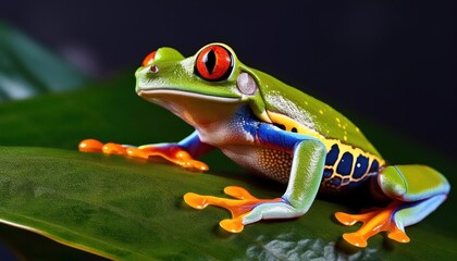 Vibrant Tree Frog Perched on Lush Green Leaf in the Tropical Rainforest, Striking Photograph Highlighting Natures Rich Colors and Textures, Inviting Exploration of Exotic Wildlife