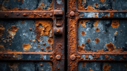Rusty metal texture with corrosion details showcasing an old iron garage door in a grunge aesthetic emphasizing decay and historical wear.