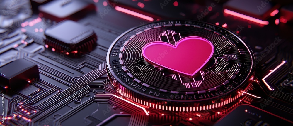 Poster abstract visual of technology with a heart symbol on a circuit board background.